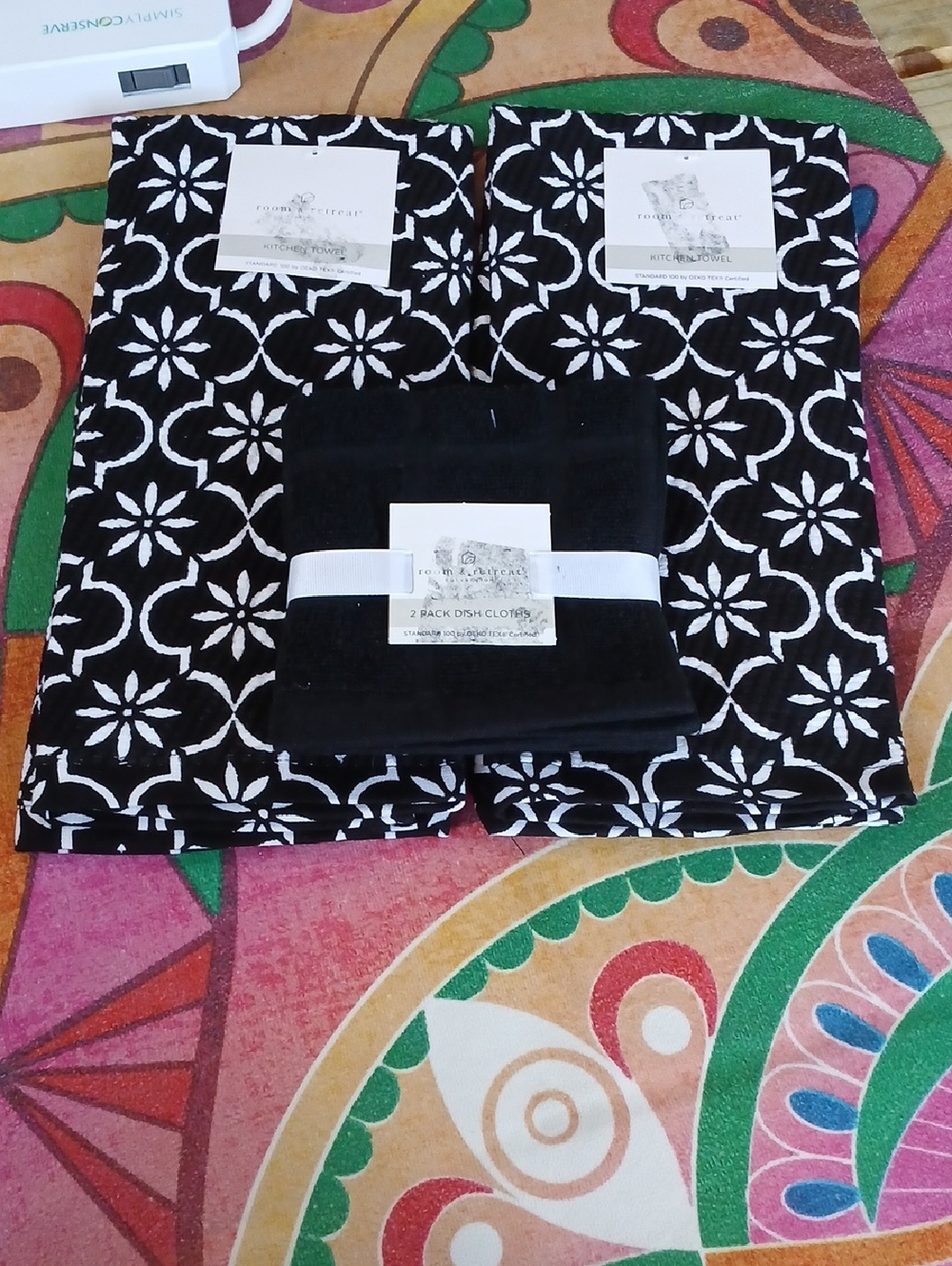 Black & White Floral Cotton Kitchen Towels and Dish Cloth Set